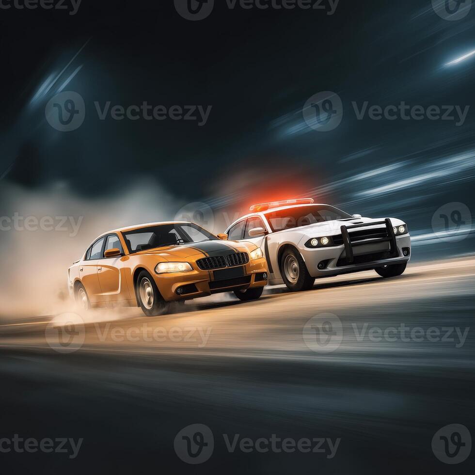 Two cars racing on the road at night photo