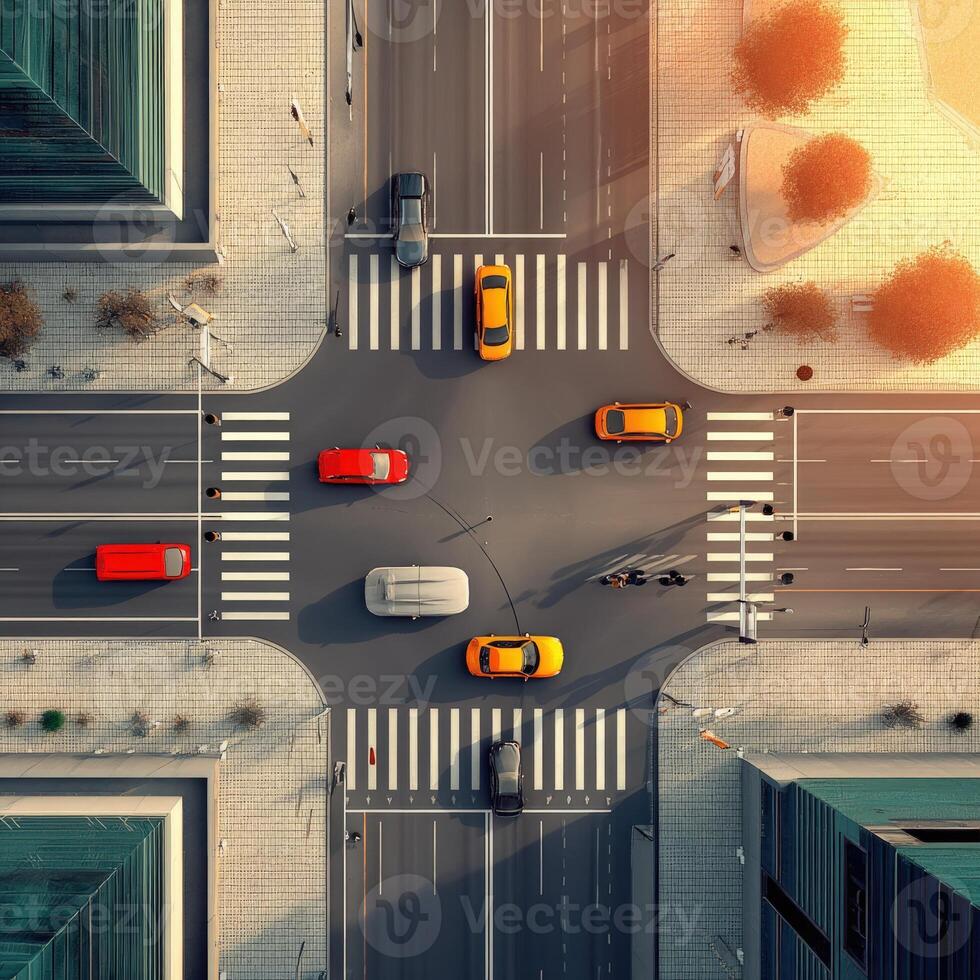 An aerial view of a city intersection with cars and traffic photo