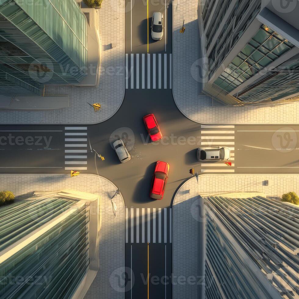 An overhead view of a city intersection with cars photo
