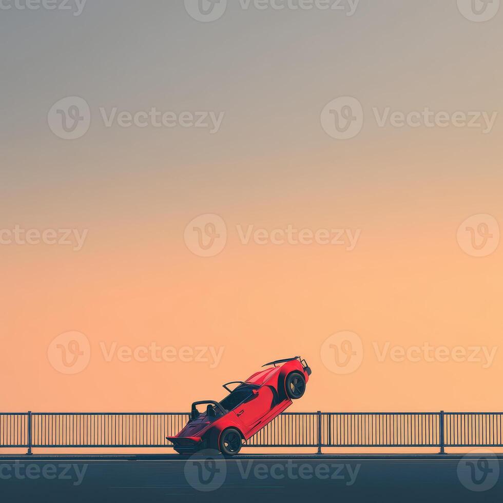 A red sports car is sitting on top of a bridge photo