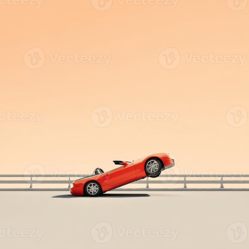 An orange car is sitting on top of a bridge photo
