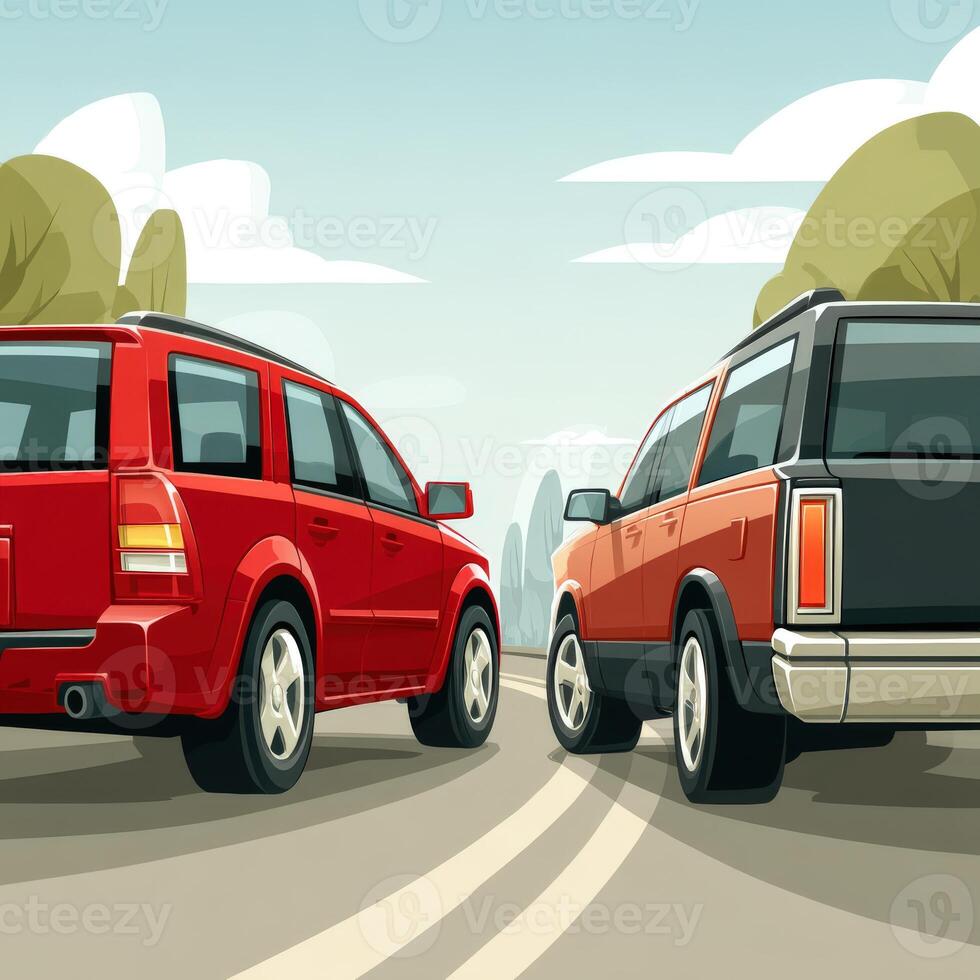 Two cars are driving on a road photo