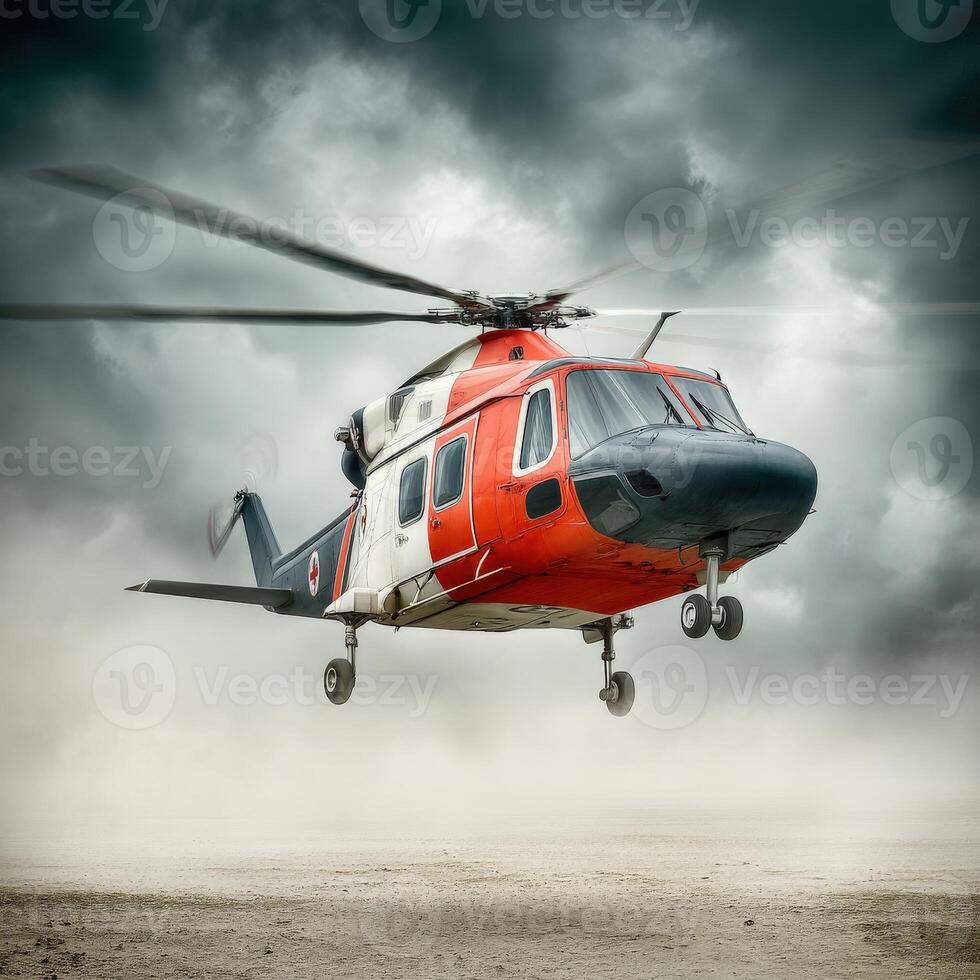 A helicopter flying in the air with a dark sky photo