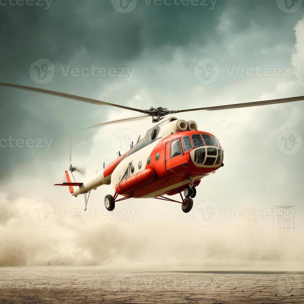 A helicopter is flying over a desert area photo