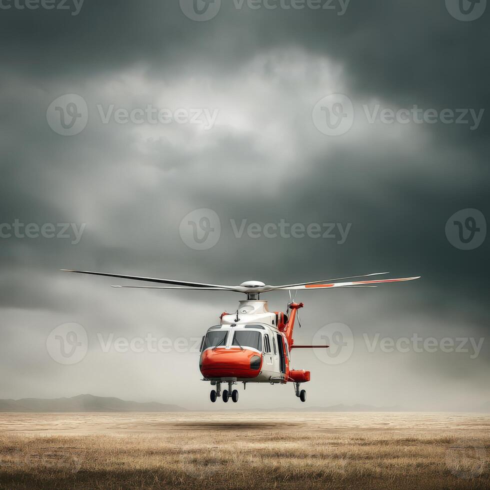 A helicopter is flying in the air on a cloudy day photo