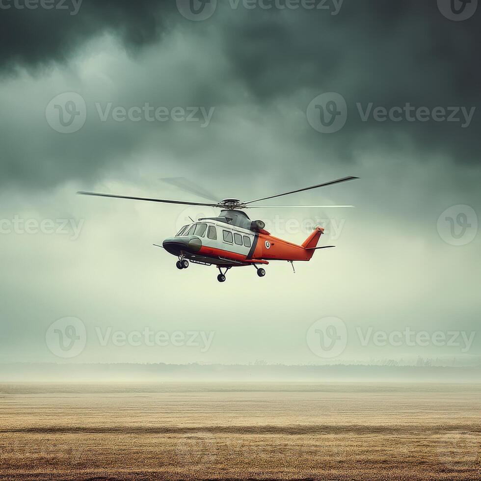 A helicopter is flying over a field with a storm photo