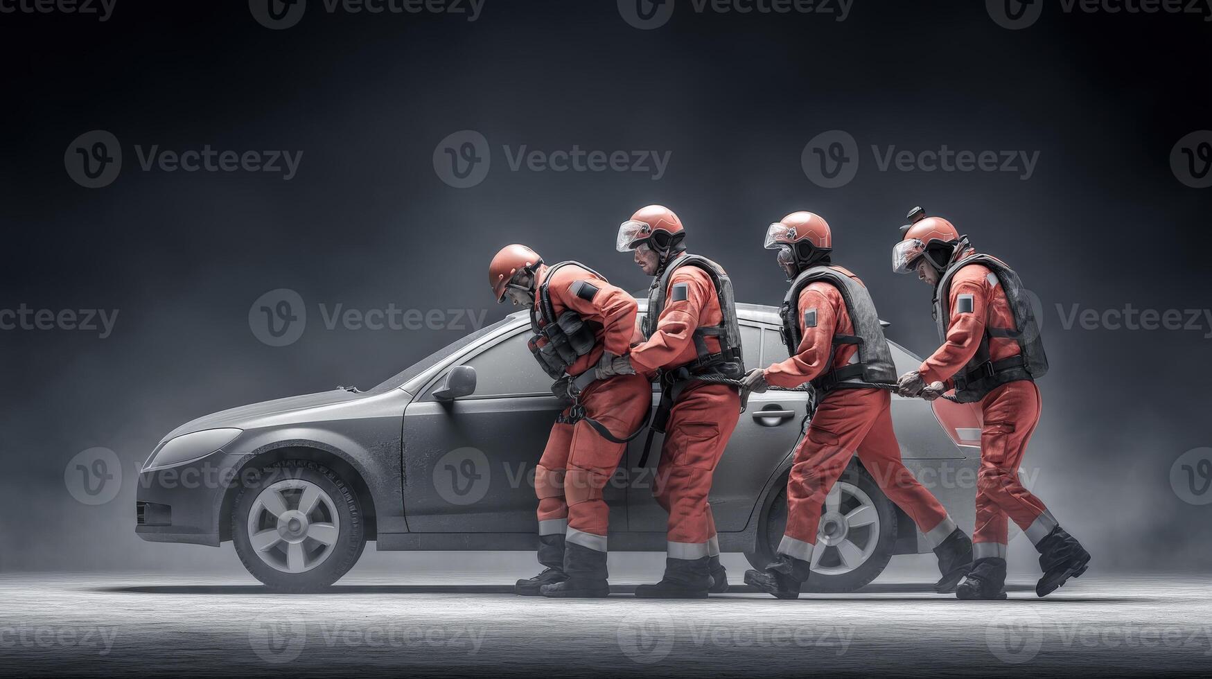 Three men in red suits are standing next to a car photo