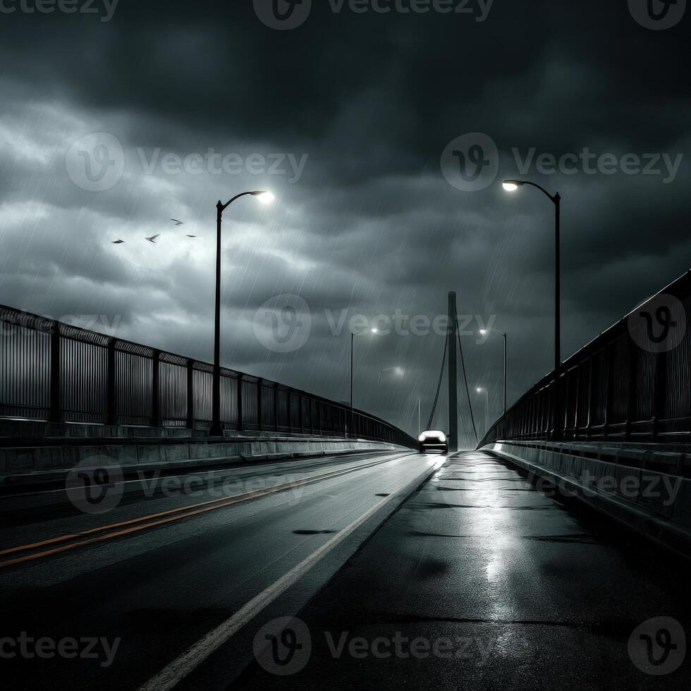 A car drives down a dark road under a stormy sky photo