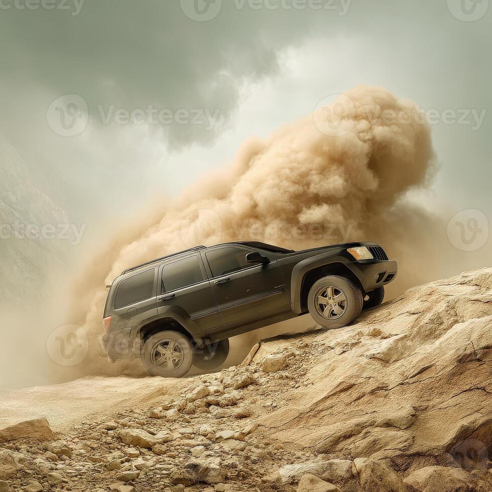 A jeep driving through a dust cloud photo