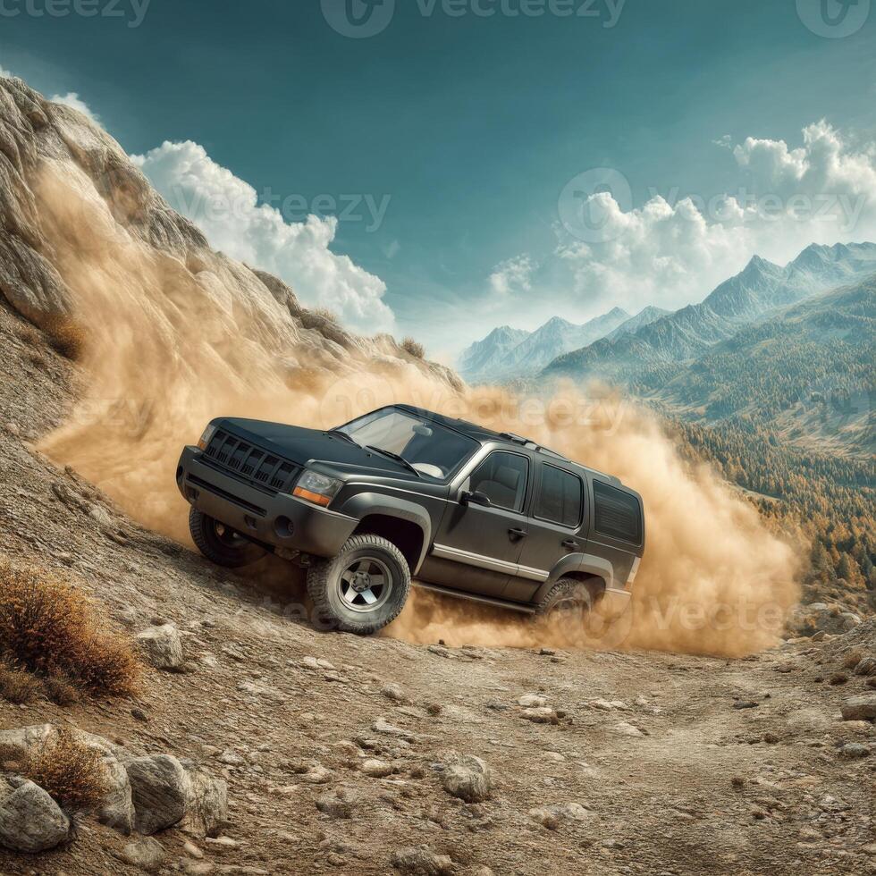 Jeep driving on a dirt road in the mountains photo