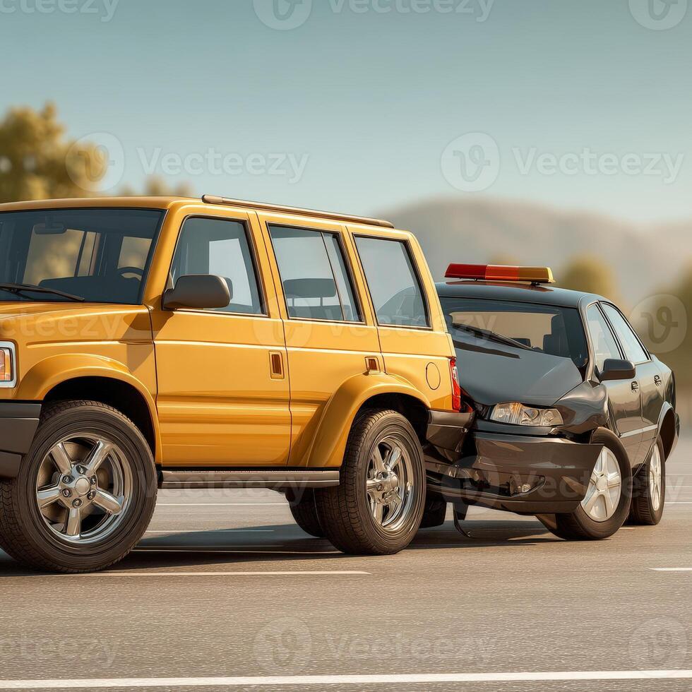 A yellow suv is being towed by a police car photo