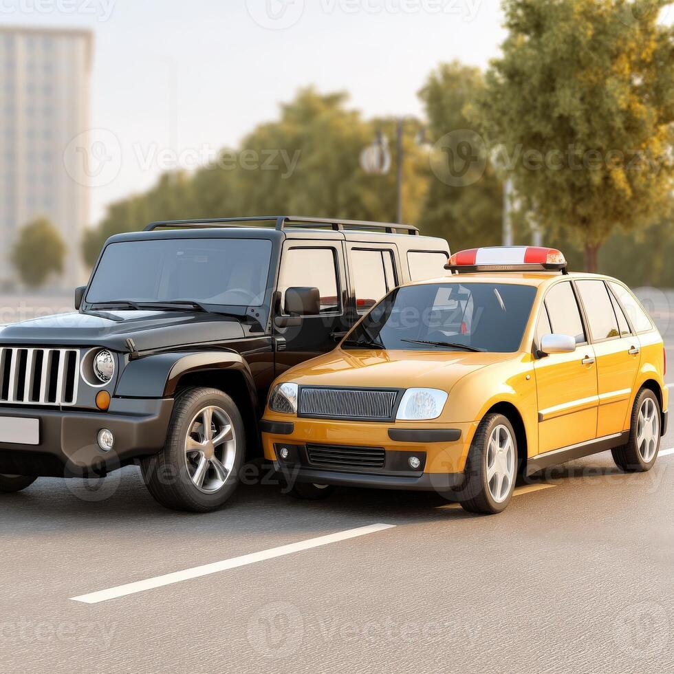 A jeep and a taxi cab are parked on the road photo