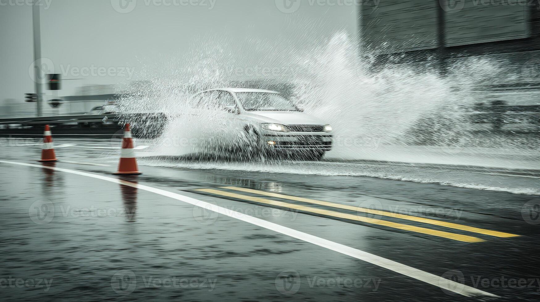 A car driving through a flooded street with water splashing out of the car photo