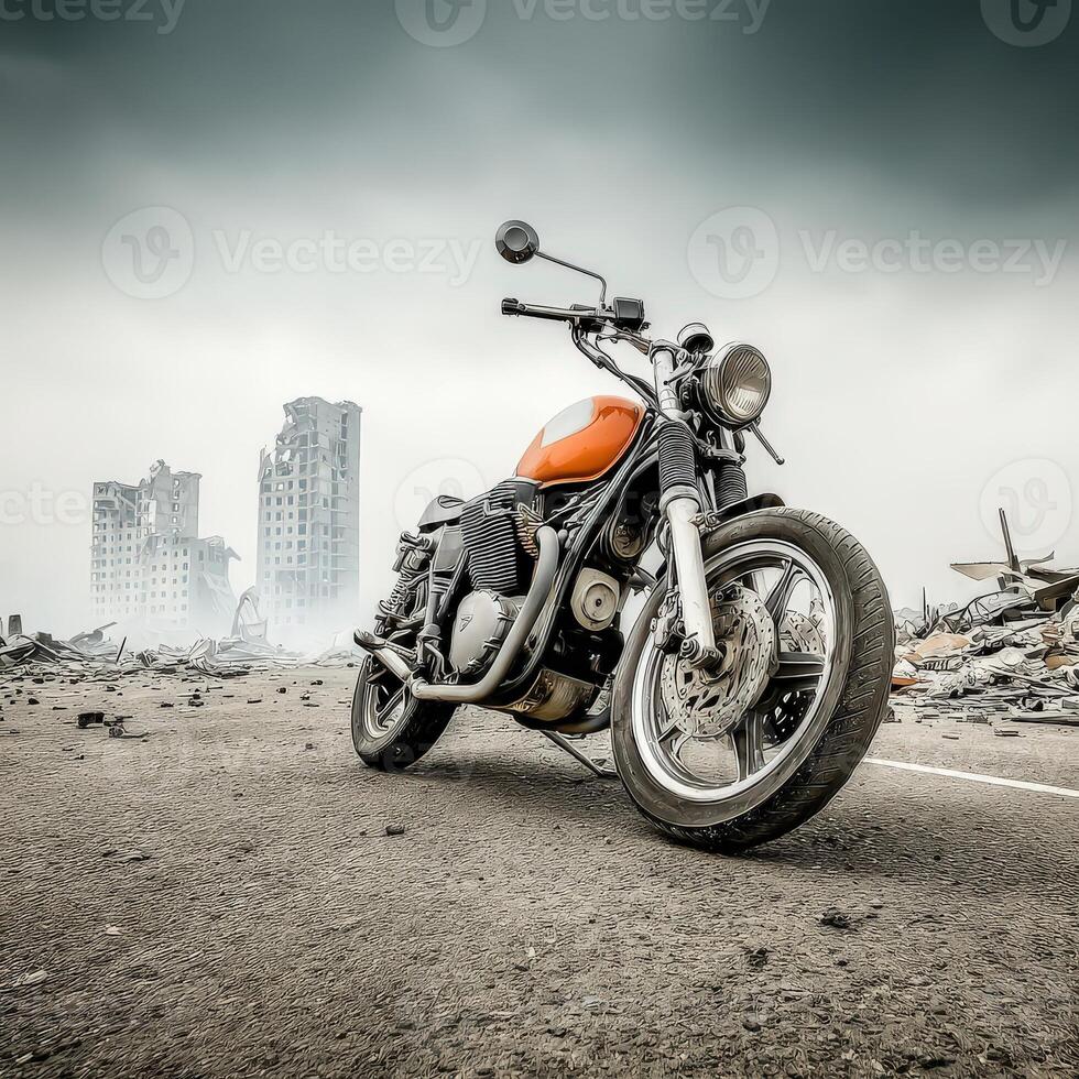 An orange motorcycle parked on a dirt road in front of a destroyed city photo