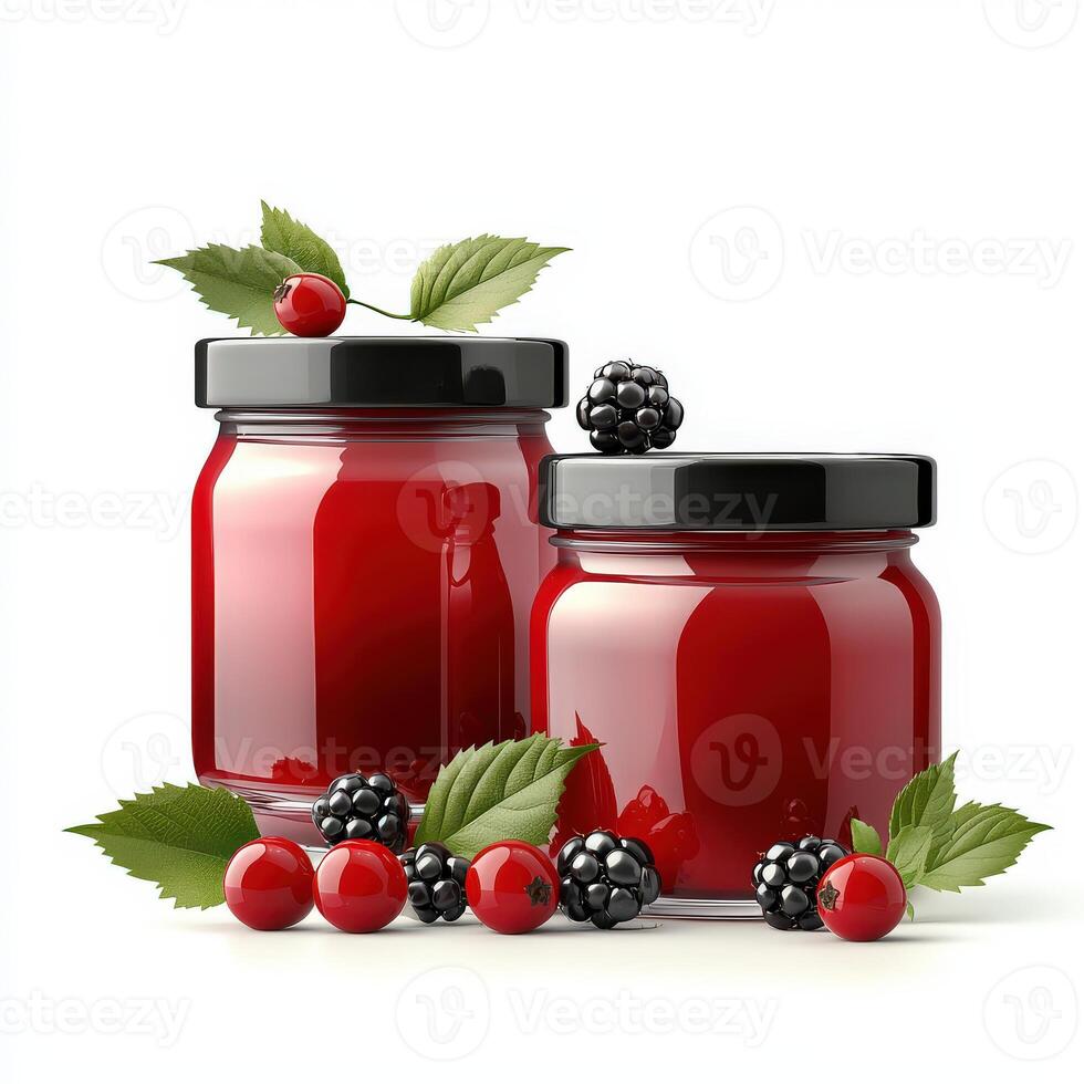 Two jars of jam with berries and leaves photo