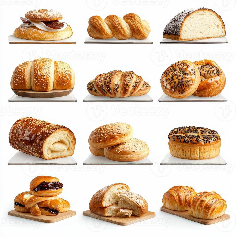A collection of breads and pastries on white background photo