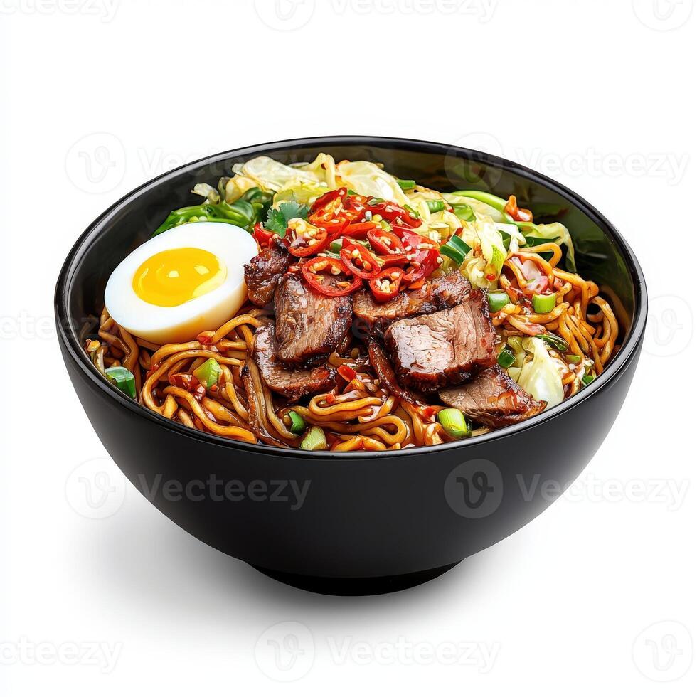 A bowl of noodles with meat and an egg photo