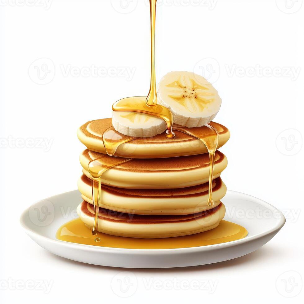 A stack of pancakes with bananas on top photo