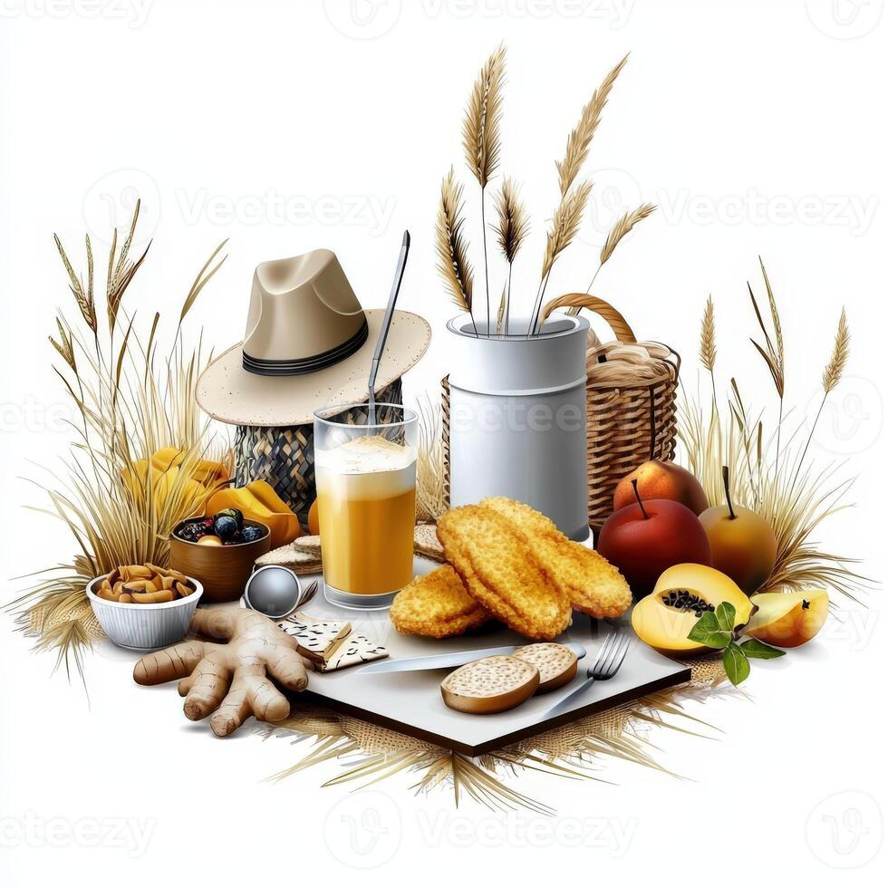 A table with bread, oranges, and other food photo
