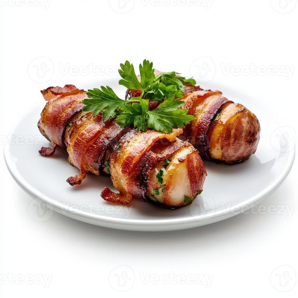 Bacon wrapped chicken on a plate photo