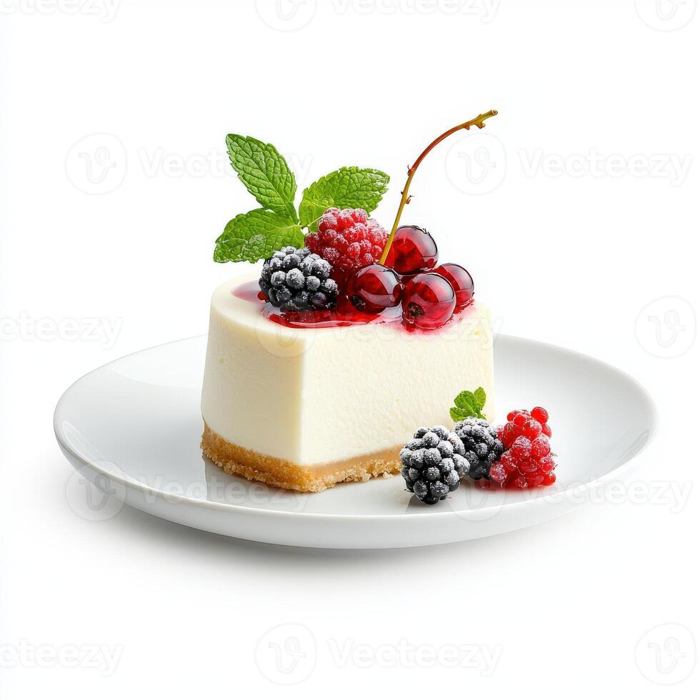Cheesecake with berries and mint on white plate photo