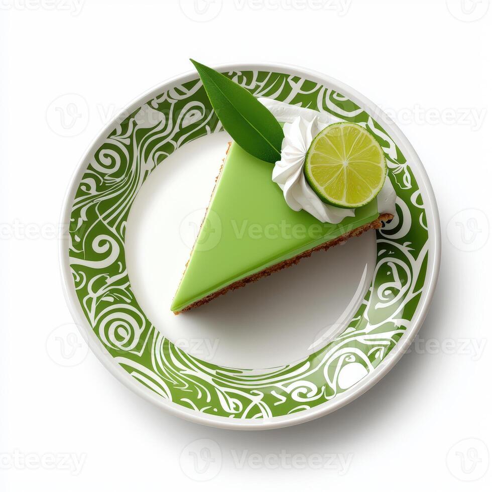 A slice of lime cake on a plate with a green leaf photo