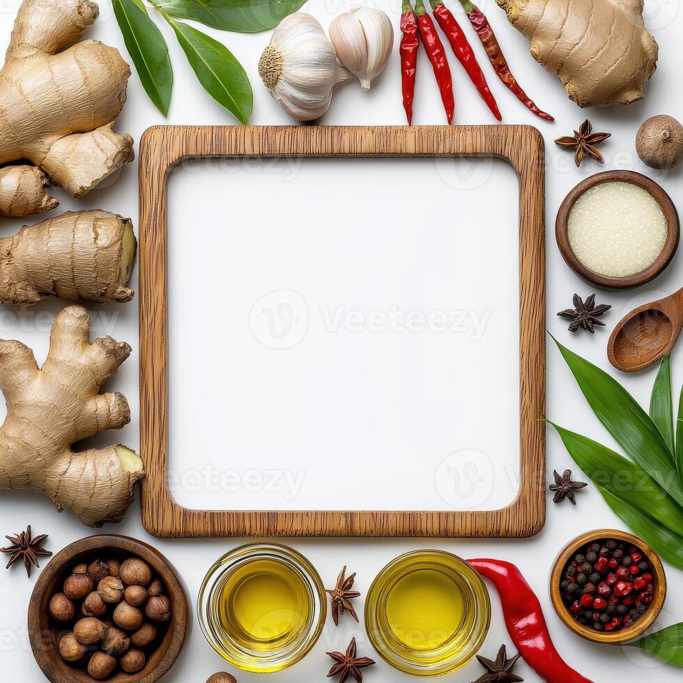 An empty wooden frame surrounded by spices and herbs photo