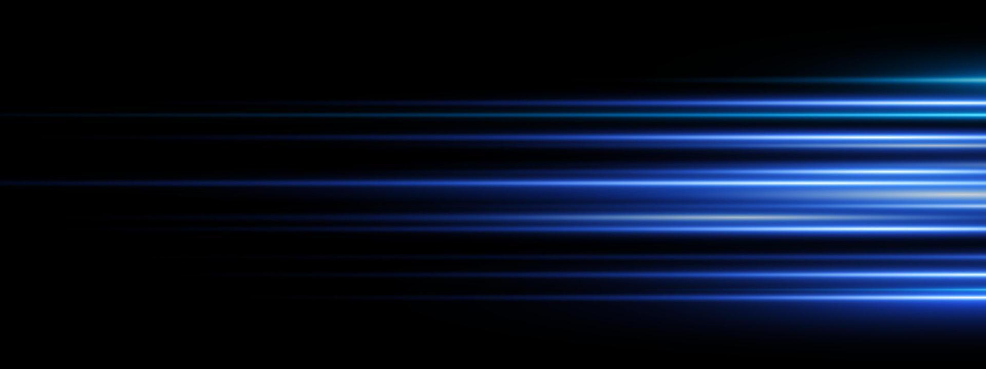 Dynamic blue laser beam with glowing flare and streaks. Futuristic horizontal light effect on dark abstract background. Bright neon glow, digital energy burst and radiant spark. Modern tech design vector