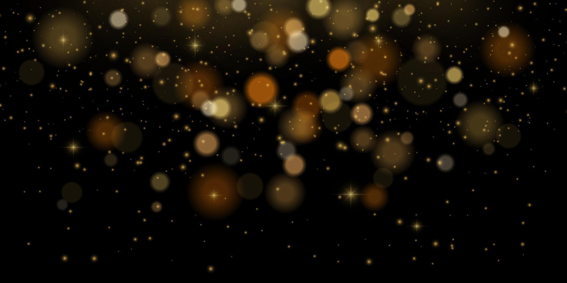 Golden glitter bokeh explosion with sparkles, flare and festive dust. Warm abstract light effect on dark background. texture for Christmas, New Year or luxury holiday decoration themes. vector