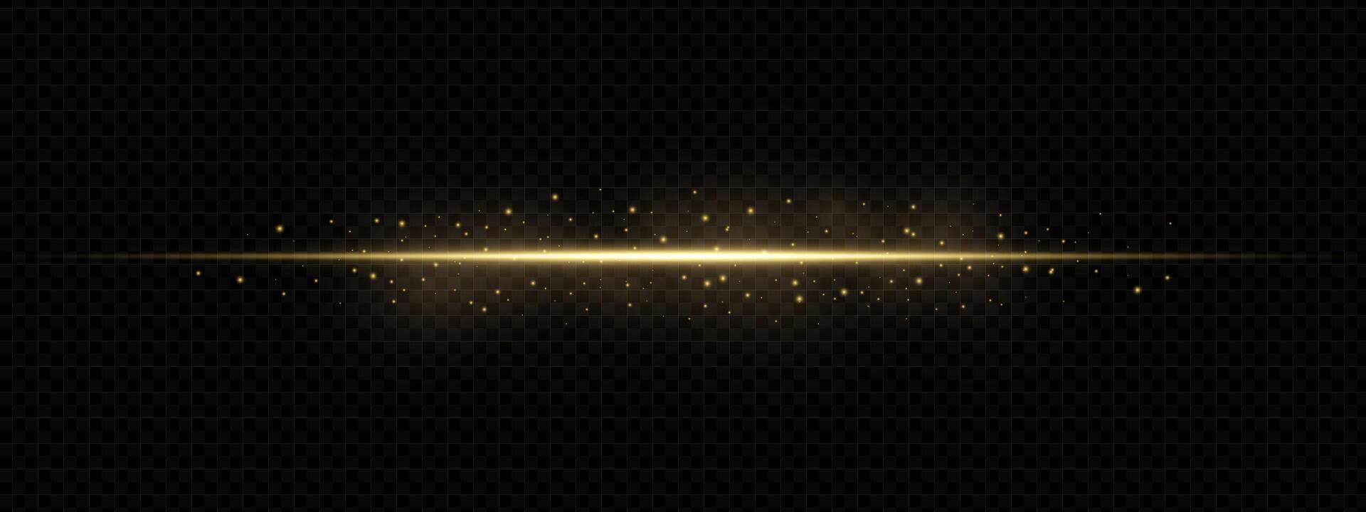 Dynamic gold light streak with laser flare and glowing motion effect. Shiny abstract tech trail on black background. Perfect for speed, anime, zoom or futuristic design themes. vector