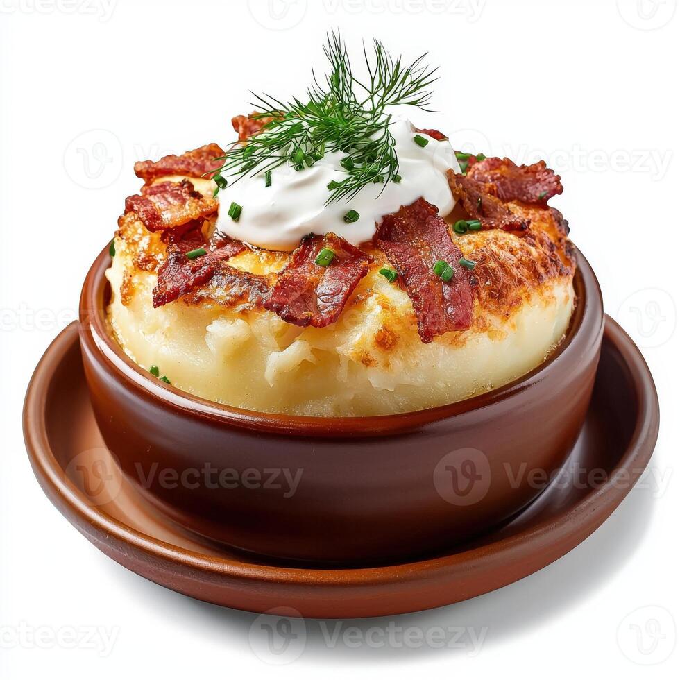 Bacon and mashed potatoes in a bowl with sour cream photo