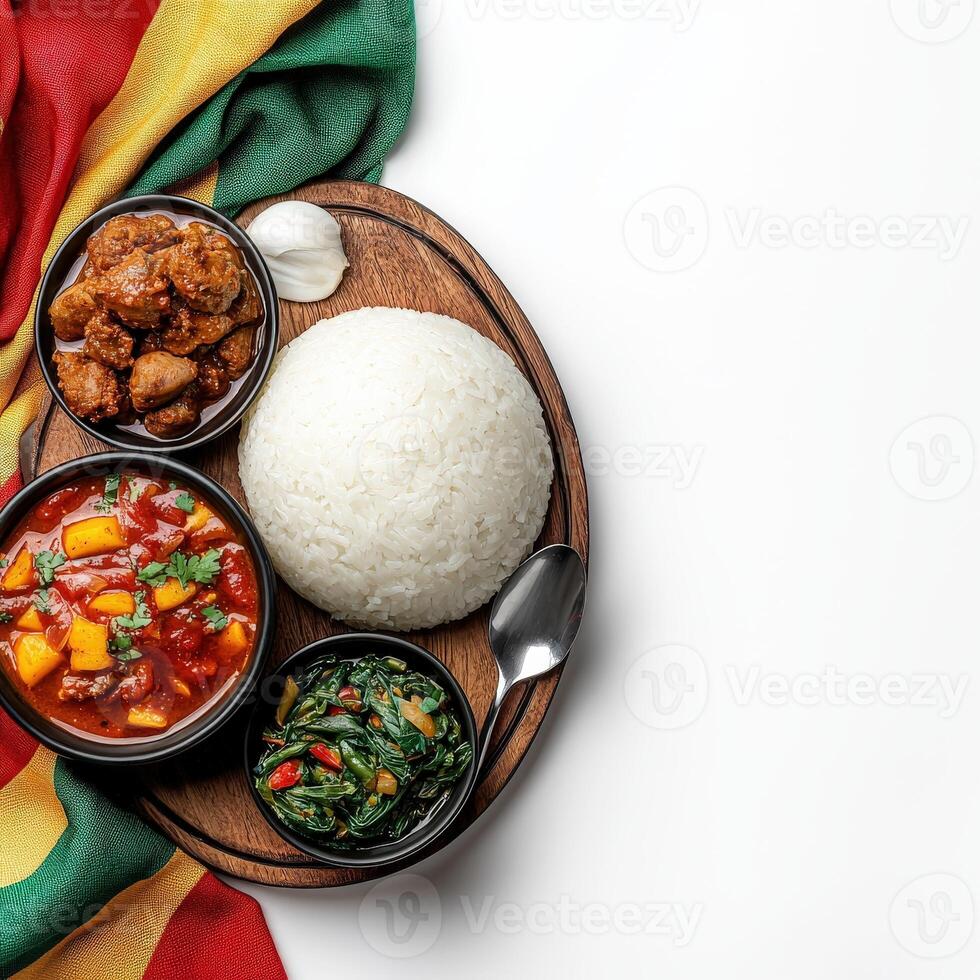 Gambia food with rice, meat, and vegetables on a wooden plate with a flag on photo