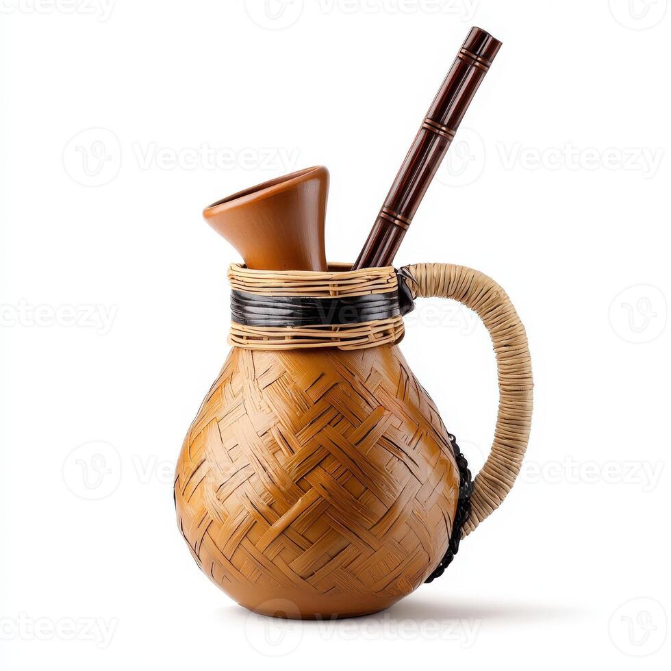 A bamboo and rattan vase with a straw handle photo