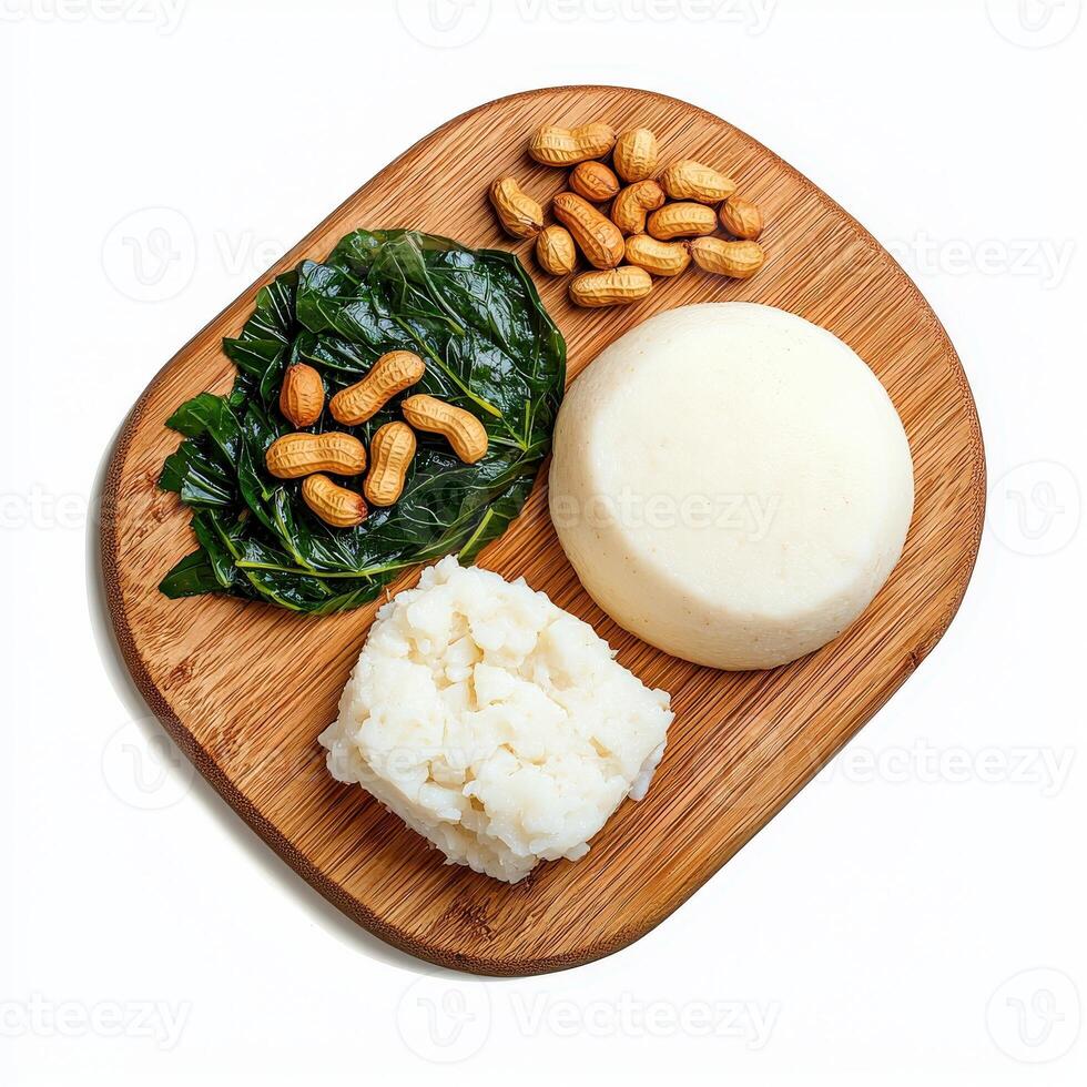 A wooden board with nuts, beans and spinach photo