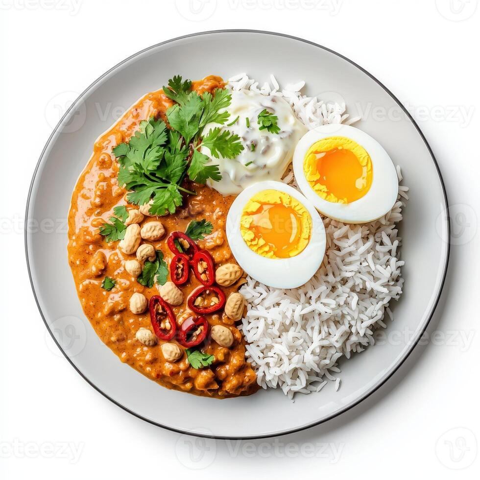 Chicken curry with rice and boiled eggs on white plate photo