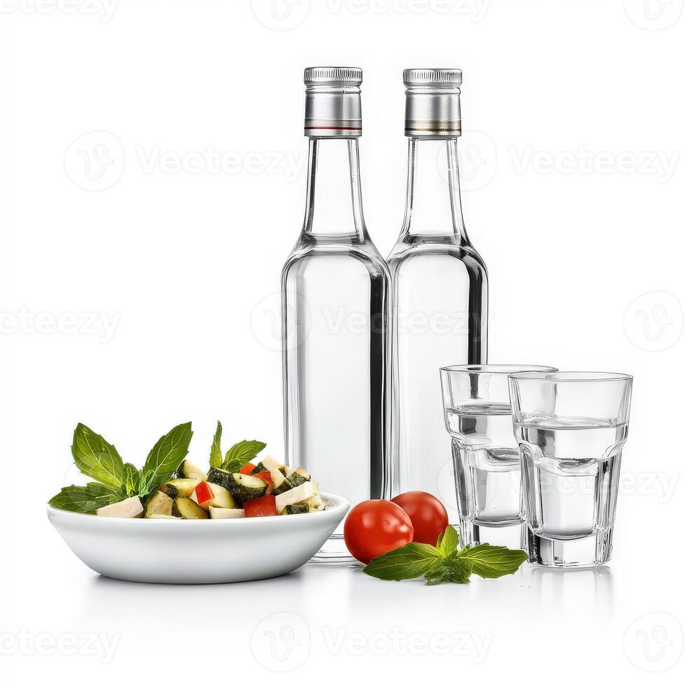 Two empty bottles with a bowl of salad and a glass photo