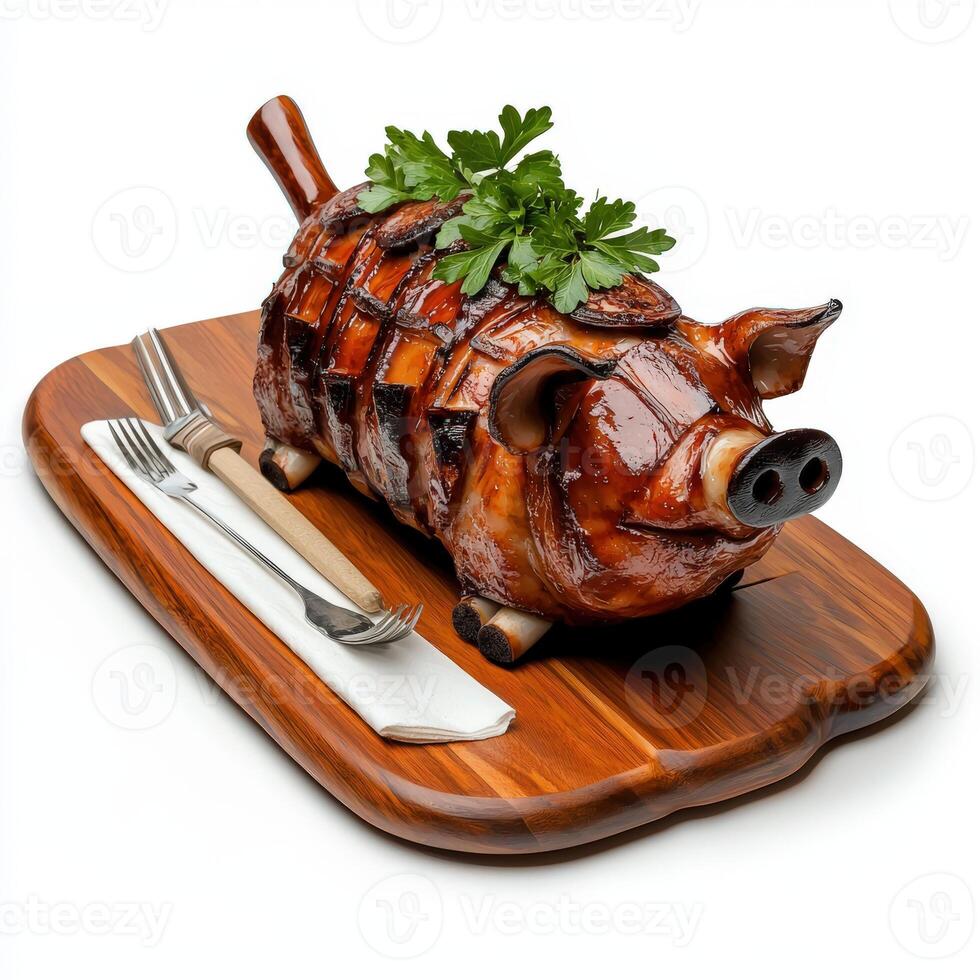 A pig is sitting on a wooden cutting board with a knife and fork photo