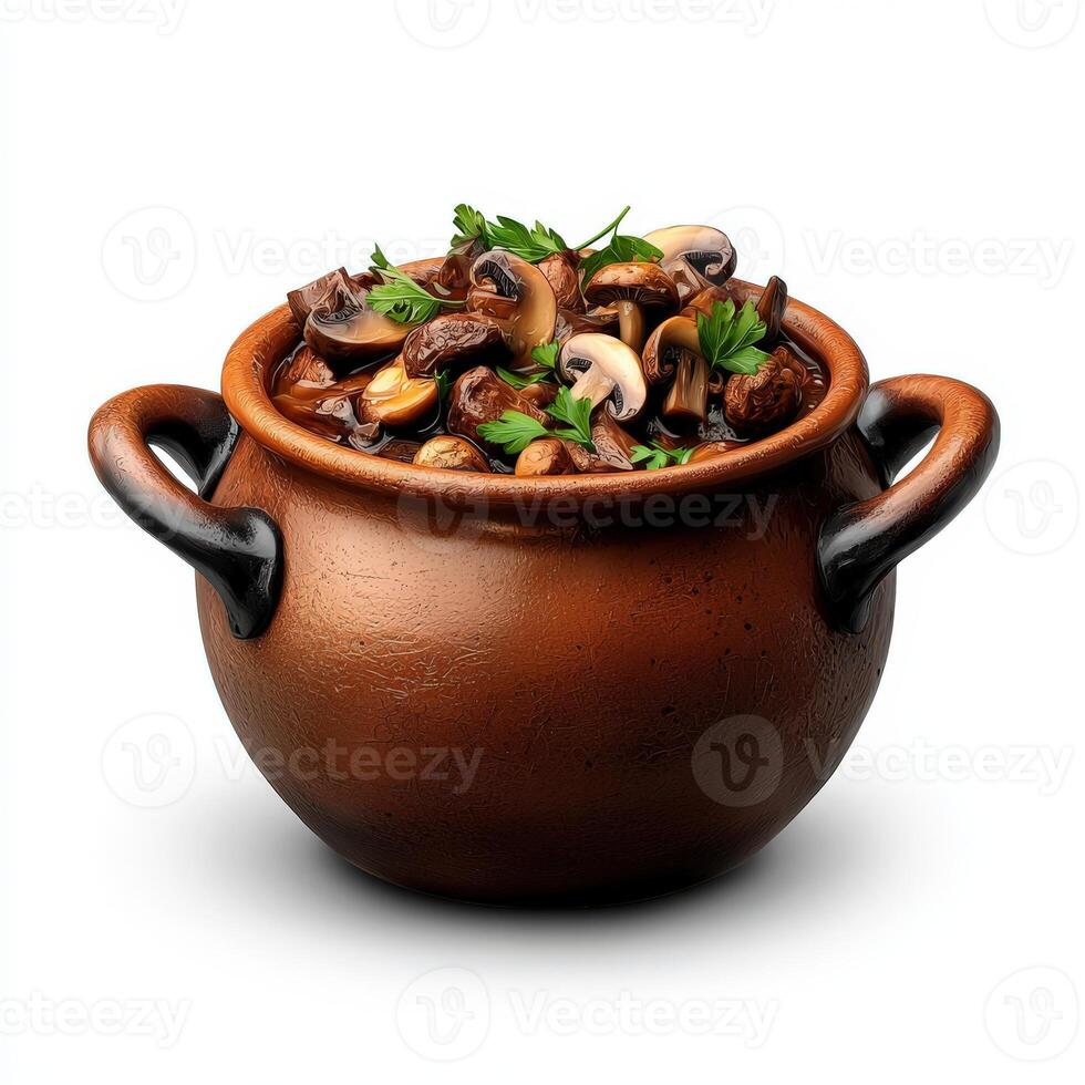 Mushroom stew in a clay pot on a white background photo