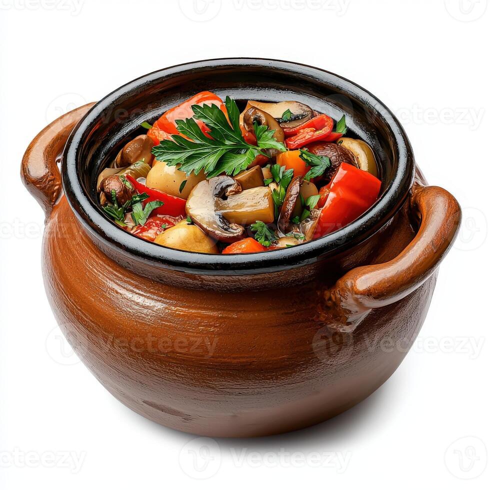 A brown pot filled with vegetables and mushrooms photo