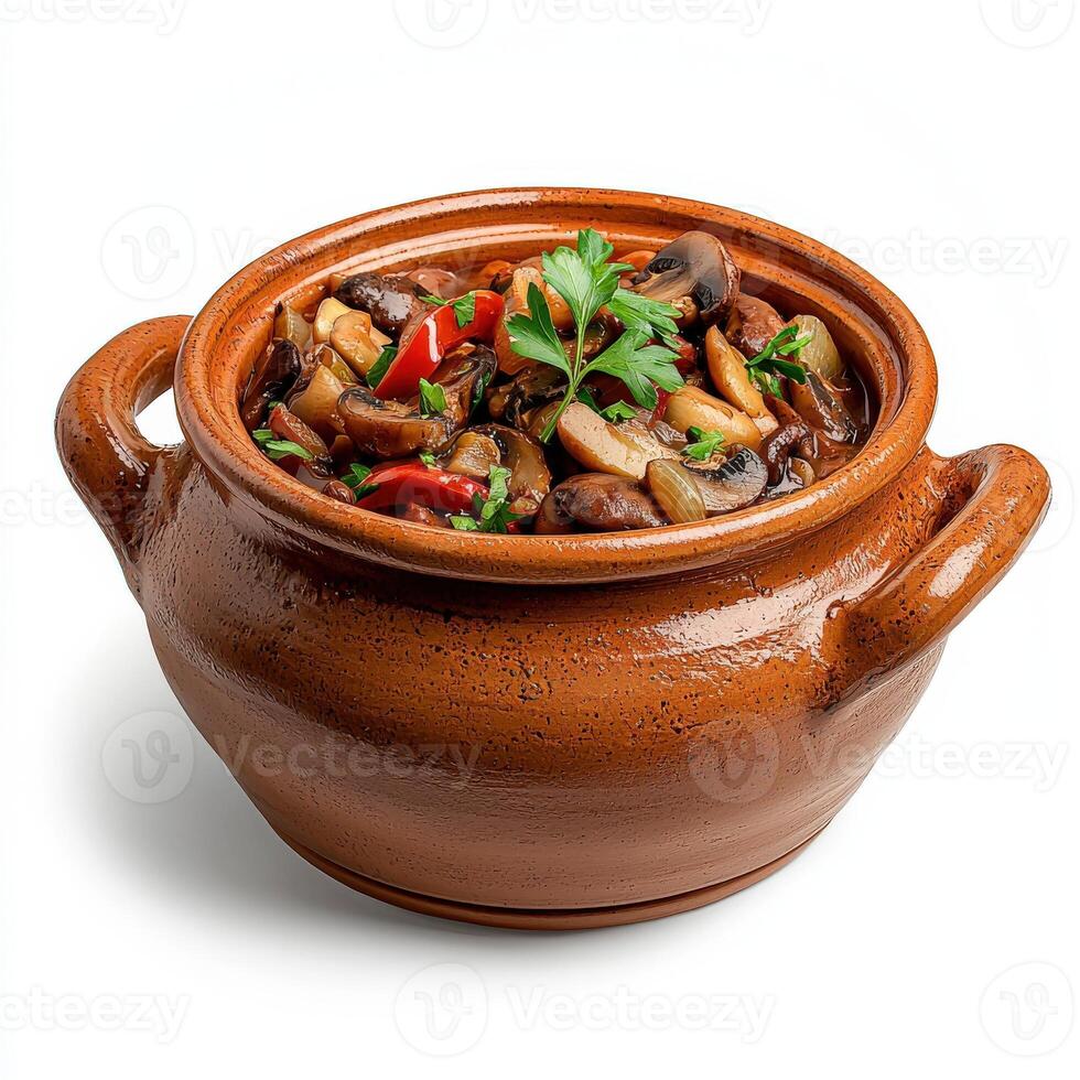 A brown bowl filled with food photo
