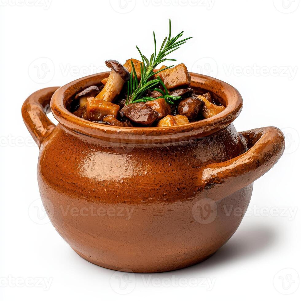 A clay pot with mushrooms and herbs on a white background photo
