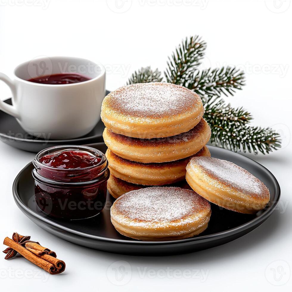 A plate with a stack of pancakes and a cup of coffee photo