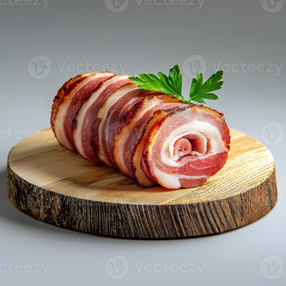 A piece of bacon wrapped in a roll on a wooden board photo