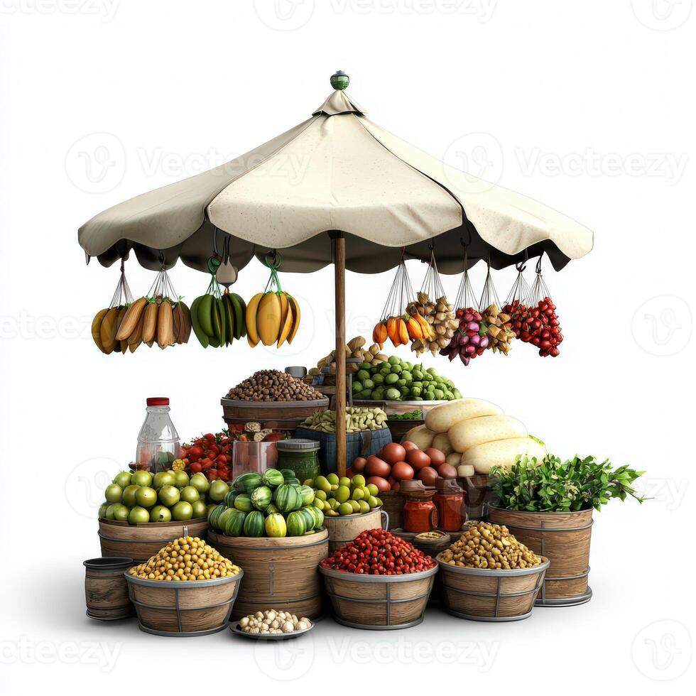 A variety of fruits and vegetables are displayed under an umbrella photo