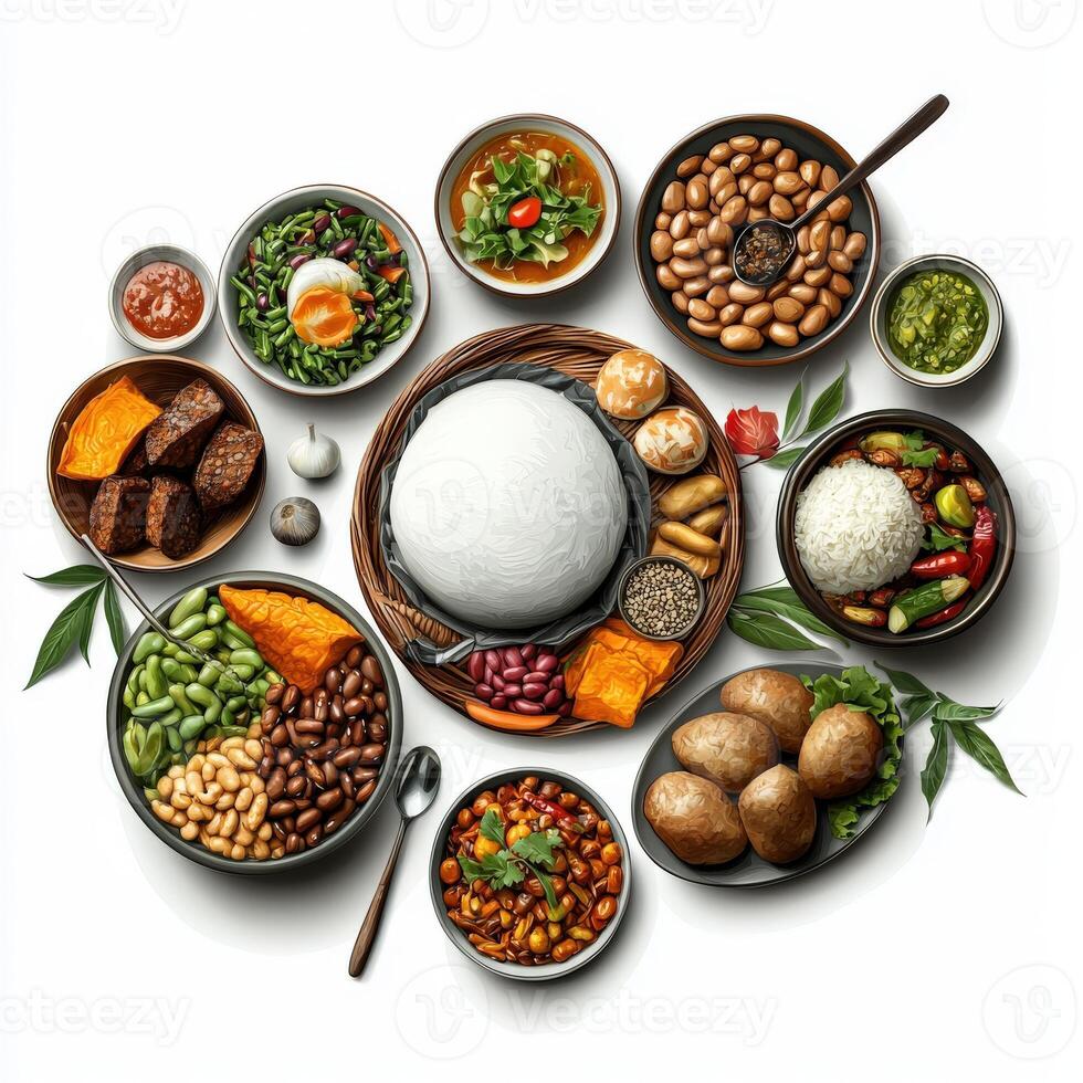 Various types of food in bowls and bowls on a white background photo