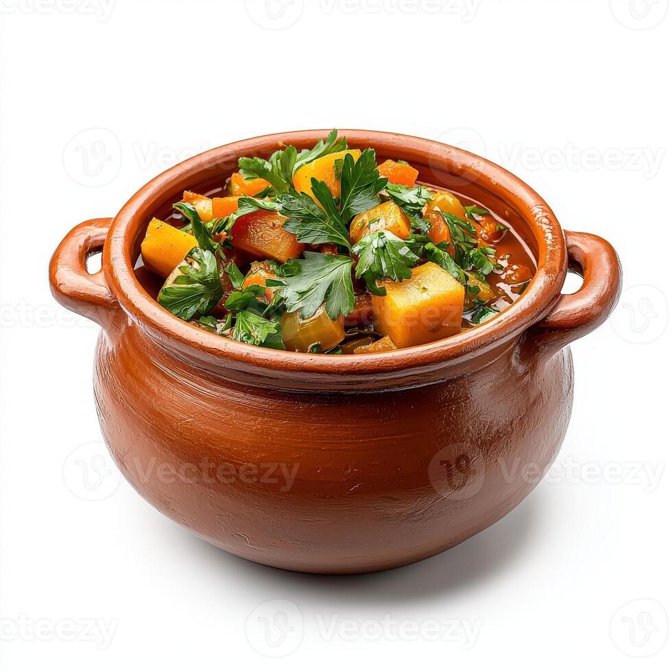 A brown clay pot with vegetables and herbs photo