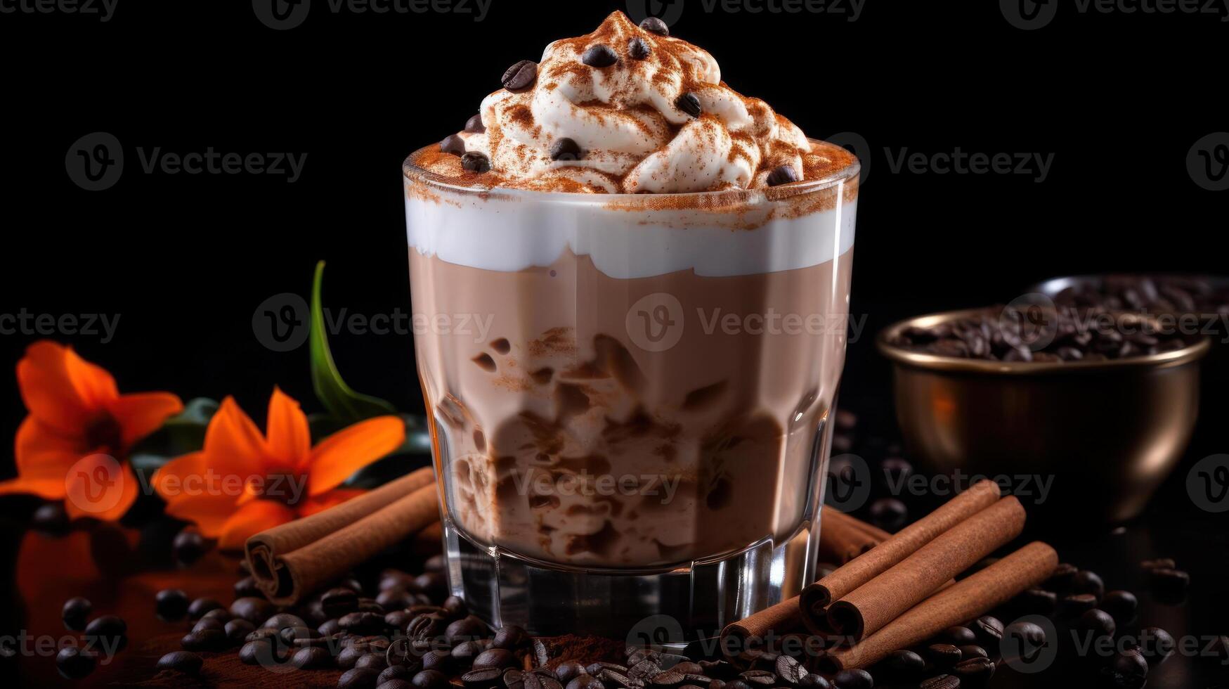 Delicious coffee dessert with whipped cream and chocolate. photo
