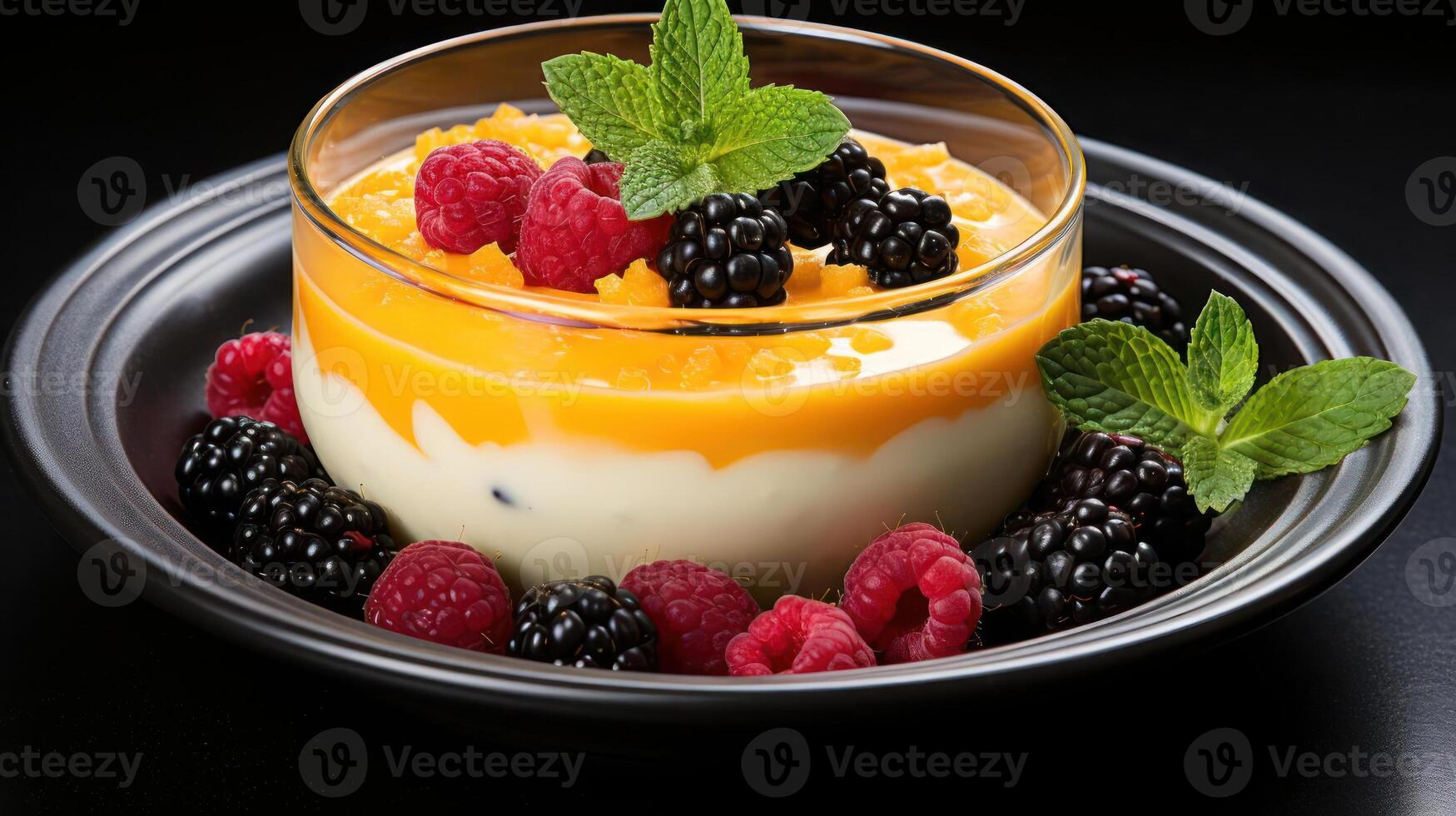 Layered dessert with berries and mint on a black plate. photo