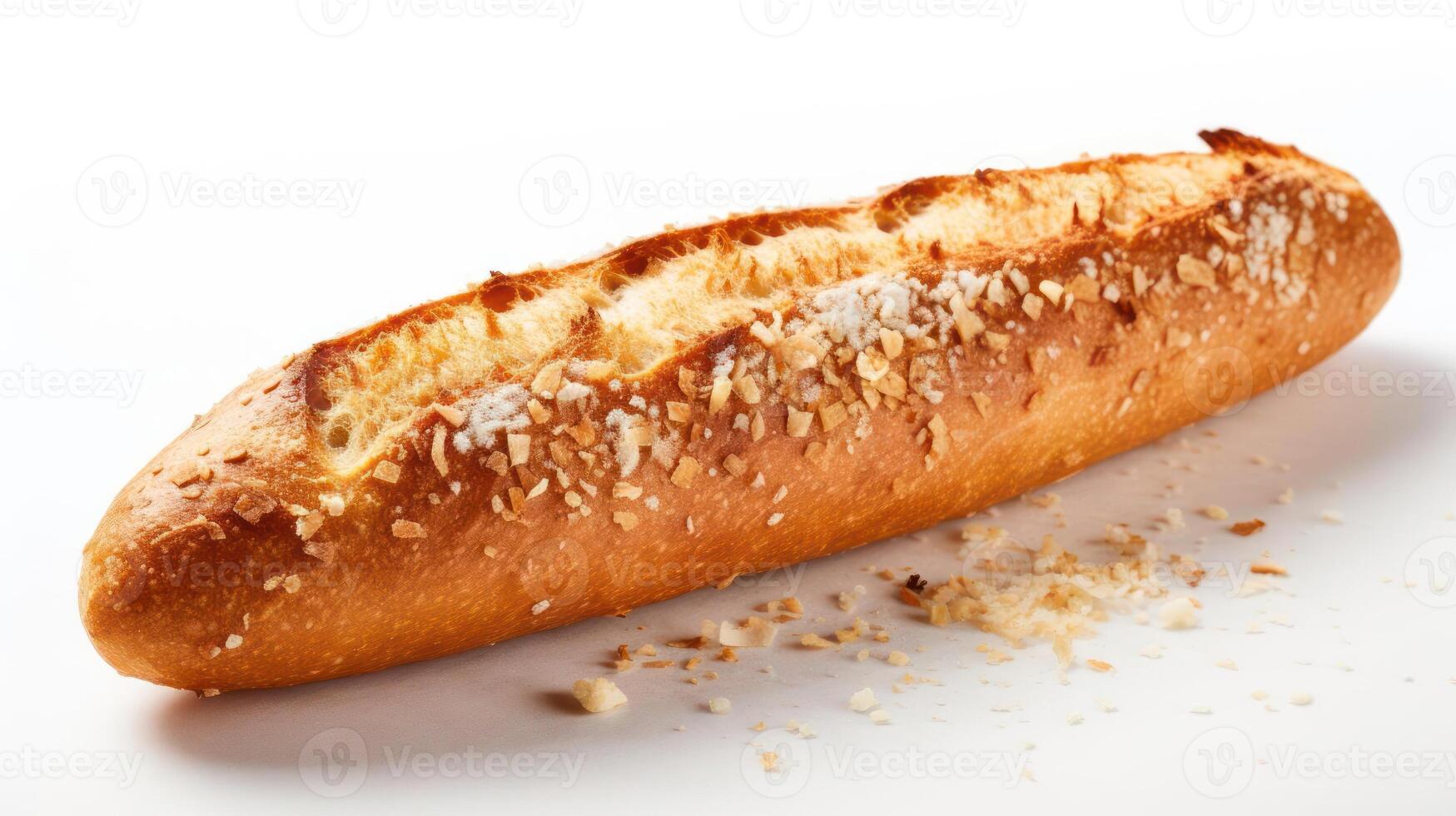 Close-up of a crusty bread loaf with crumbs. photo