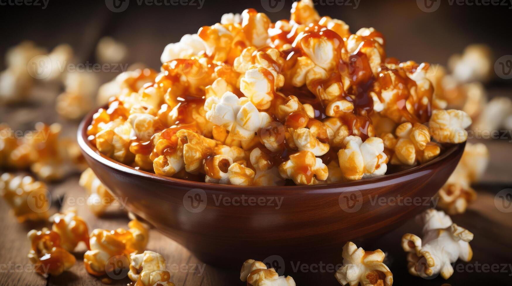 Delicious caramel popcorn in a wooden bowl. photo